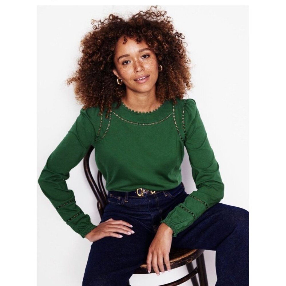 Boden Mila Long Sleeve Green Cotton Top Women 10 Intricate